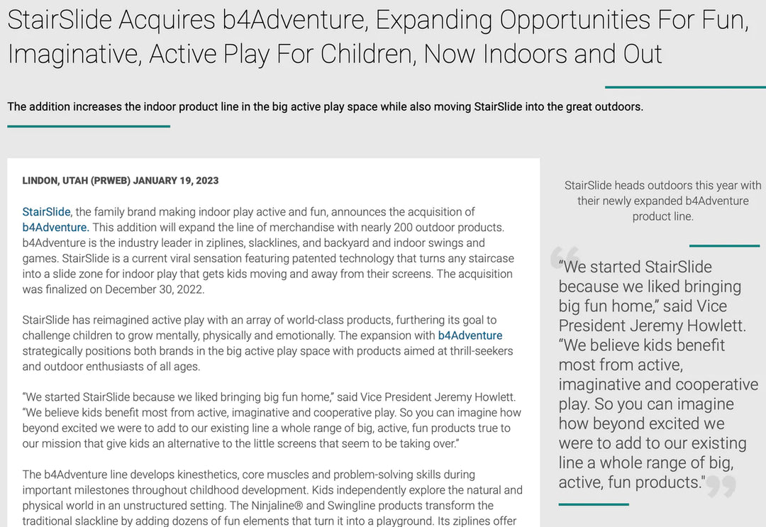 Cision PR Web announces StairSlide's Acquisition of b4Adventure