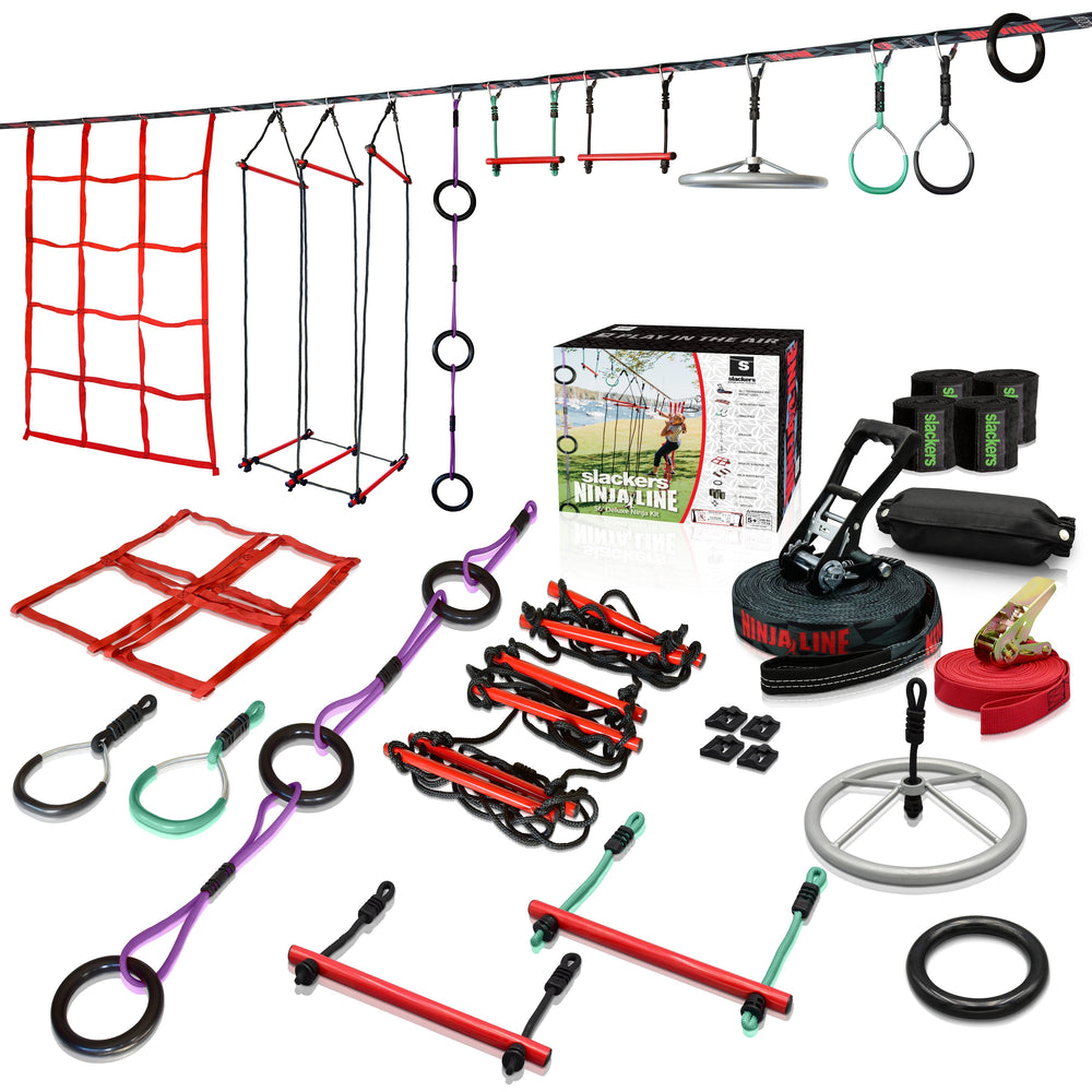 Slackers Deluxe Ninjaline Kit - Ninja Slackline Obstacle Course Set for Backyard & Kids Outdoor Training | BolderPlay (Open/Damaged)