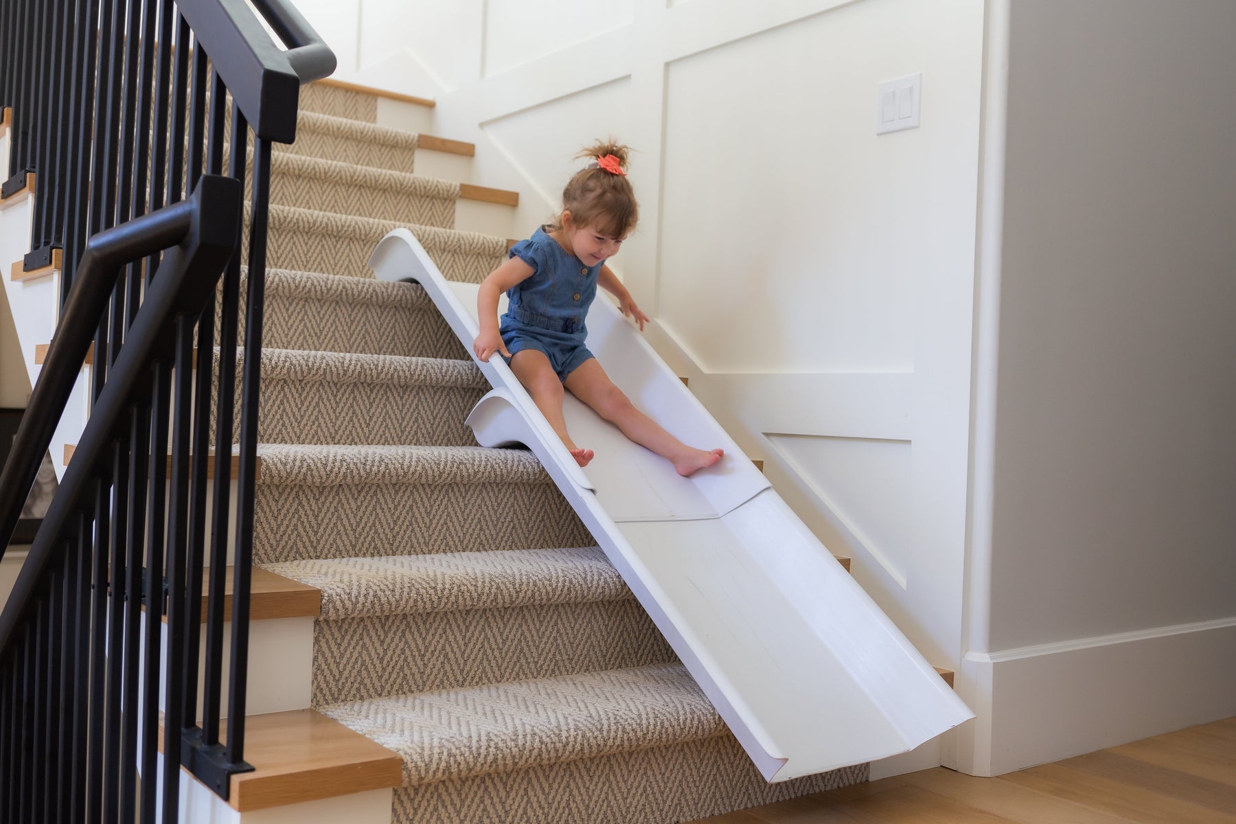 Stairslide Original Stair Mounted Kids Indoor Home Staircase Slide Playset  with Self Anchoring Non Slip Grips for 9 to 12 Stairs, Cream